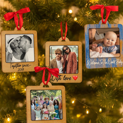 Personalized Wooden Photo Frame Ornament - Custom Plywood Christmas Tree Hanging Decoration with Name & Text - Wedding, Baby, Family Picture Keepsake Gift - 8 Color Options, Add Your Photo