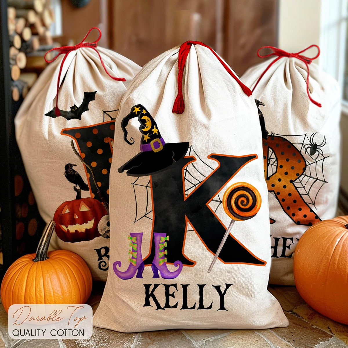 Customized Halloween Trick or Treat Candy Sack - Personalized Reusable Cotton Goodie Bag with Creepy & Funny Pumpkin Design - 16" X 24" Tote Sack - Gift for Halloween Parties