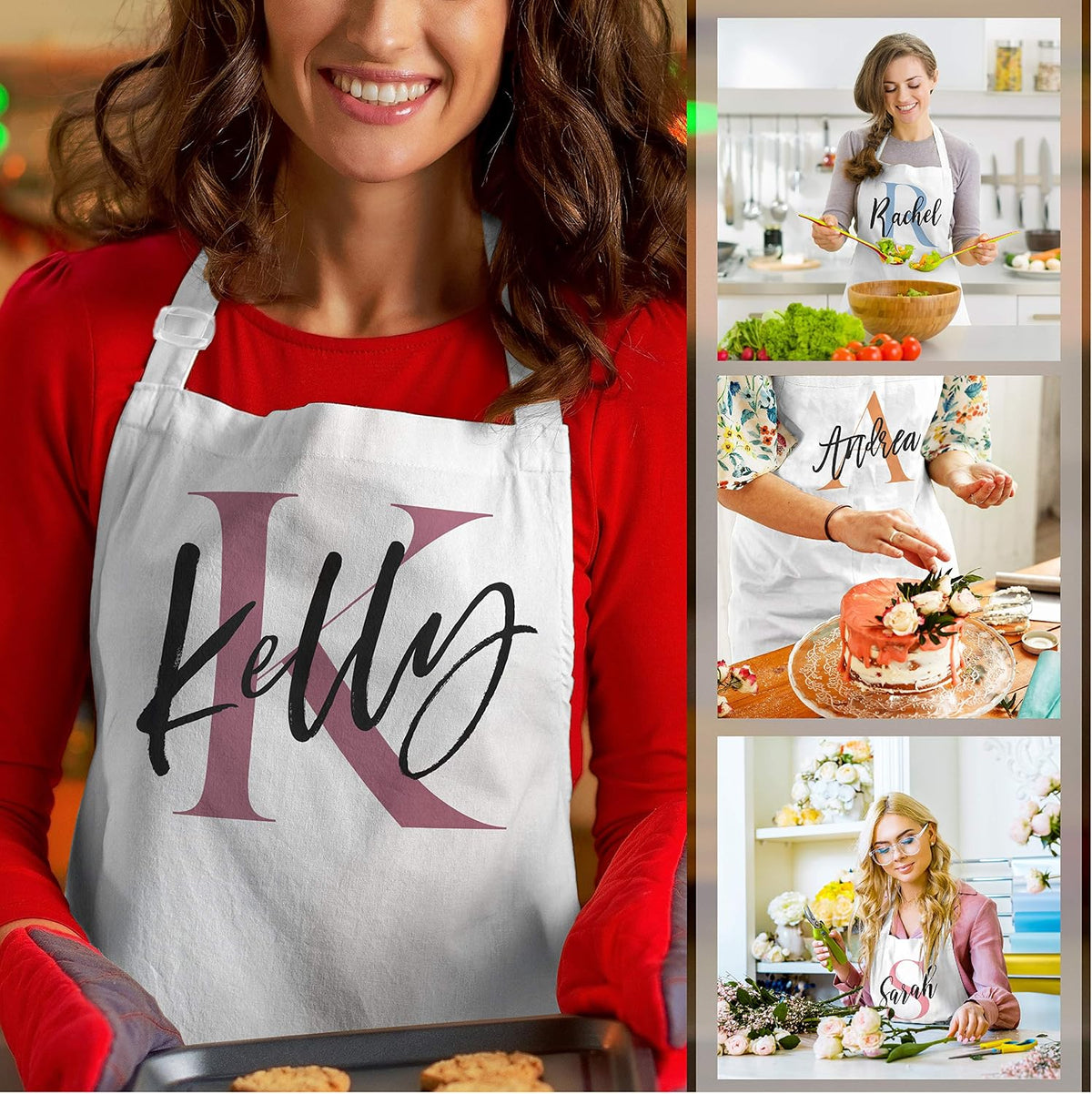 Personalized Initial Apron with Name, Custom Kitchen Cooking Gift for Women