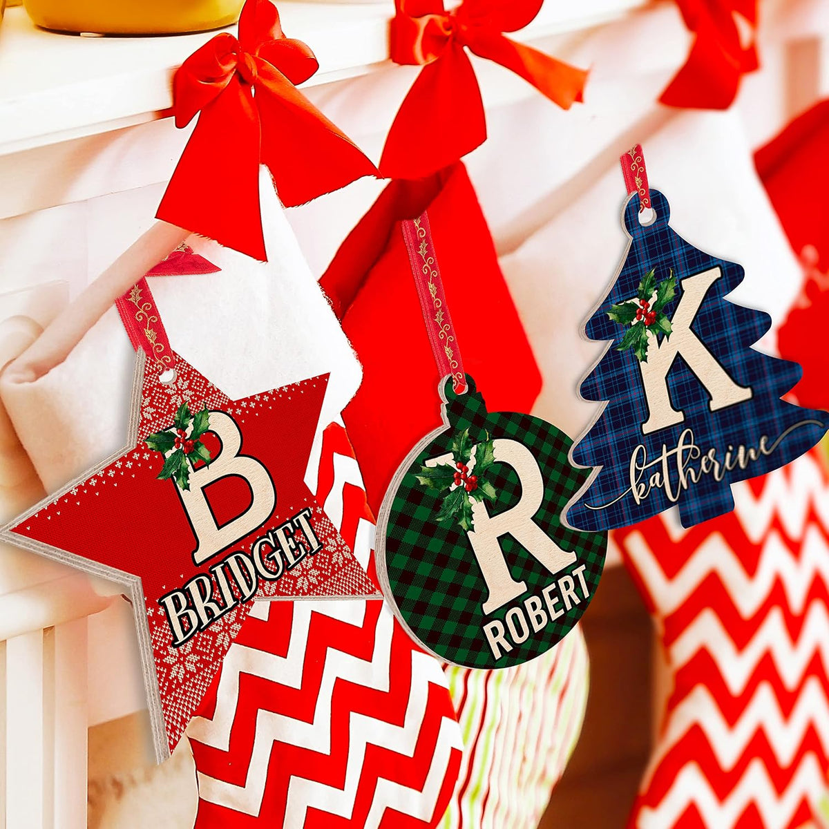 Personalized Christmas Initial Ornaments w/Name, 6 Shape, 3 Font, 8 Pattern - Customized Christma Wood Ornament Decorations Gifts - Custom Noel Star Heart Sock Bell Round Pine Tree Décor Xmas Gift C1