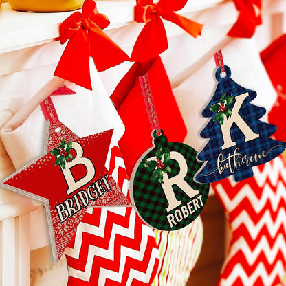 Personalized Christmas Initial Ornaments w/Name, 6 Shape, 3 Font, 8 Pattern - Customized Christma Wood Ornament Decorations Gifts - Custom Noel Star Heart Sock Bell Round Pine Tree Décor Xmas Gift C1
