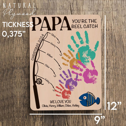 Personalized Fishing Handprint Wood Sign with Names, Custom Dad Gift