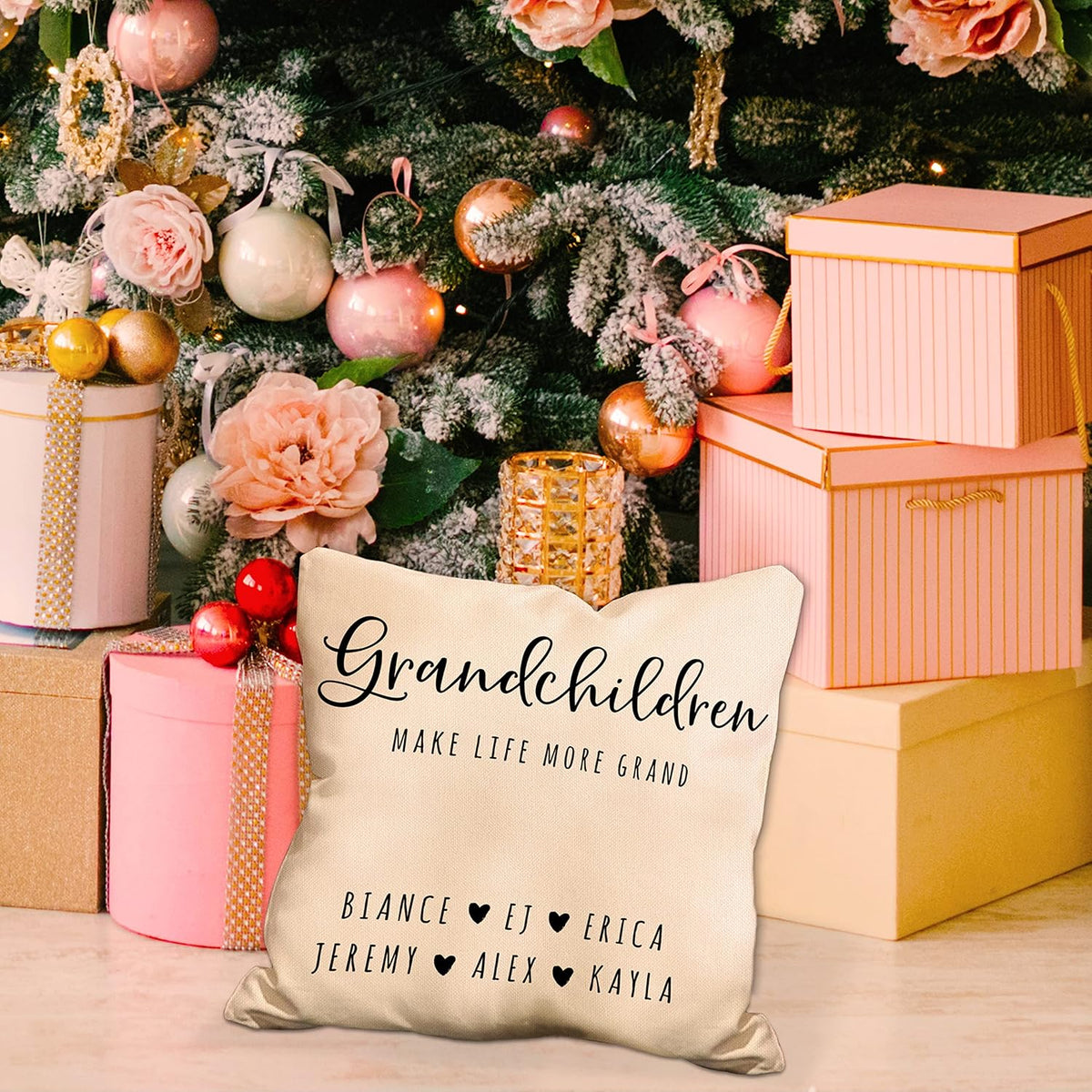 Personalized 'Grandkids Make Life More Grand' Throw Pillow Case – Custom for Grandma – 18x18 Inch Cotton Canvas Cushion Cover with Grandchildren's Names