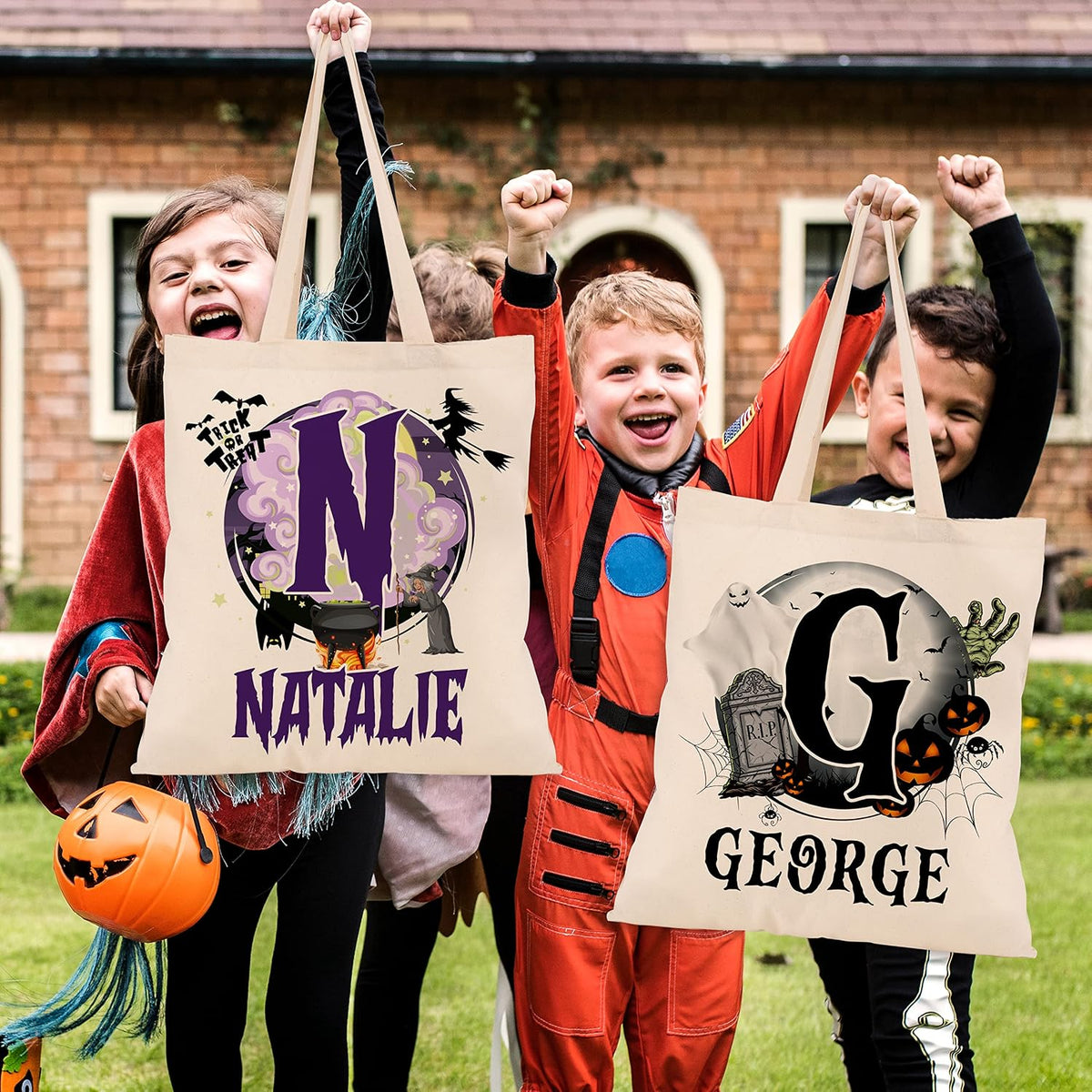 Personalized Halloween Canvas Tote Bags - Custom Name & Initials Trick or Treat Bag with Pumpkin, Skeleton, Ghost & Castle - Reusable 15x16" Gift Bag for Halloween