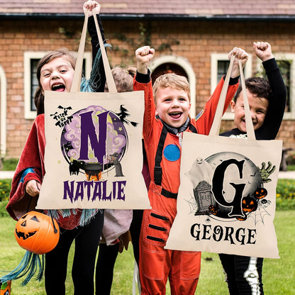 Personalized Halloween Canvas Tote Bags - Custom Name & Initials Trick or Treat Bag with Pumpkin, Skeleton, Ghost & Castle - Reusable 15x16" Gift Bag for Halloween