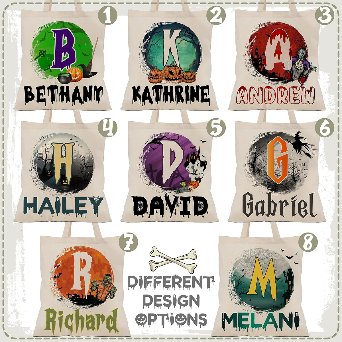 Custom Name & Initials Halloween Canvas Tote Bags - Personalized Trick or Treat Bag with Pumpkin, Skeleton, Ghost - Reusable 15x16" Gift Bag for Halloween Parties & Daily Use