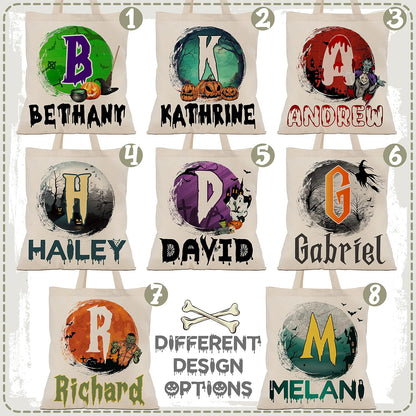 Custom Name & Initials Halloween Canvas Tote Bags - Personalized Trick or Treat Bag with Pumpkin, Skeleton, Ghost - Reusable 15x16" Gift Bag for Halloween Parties & Daily Use