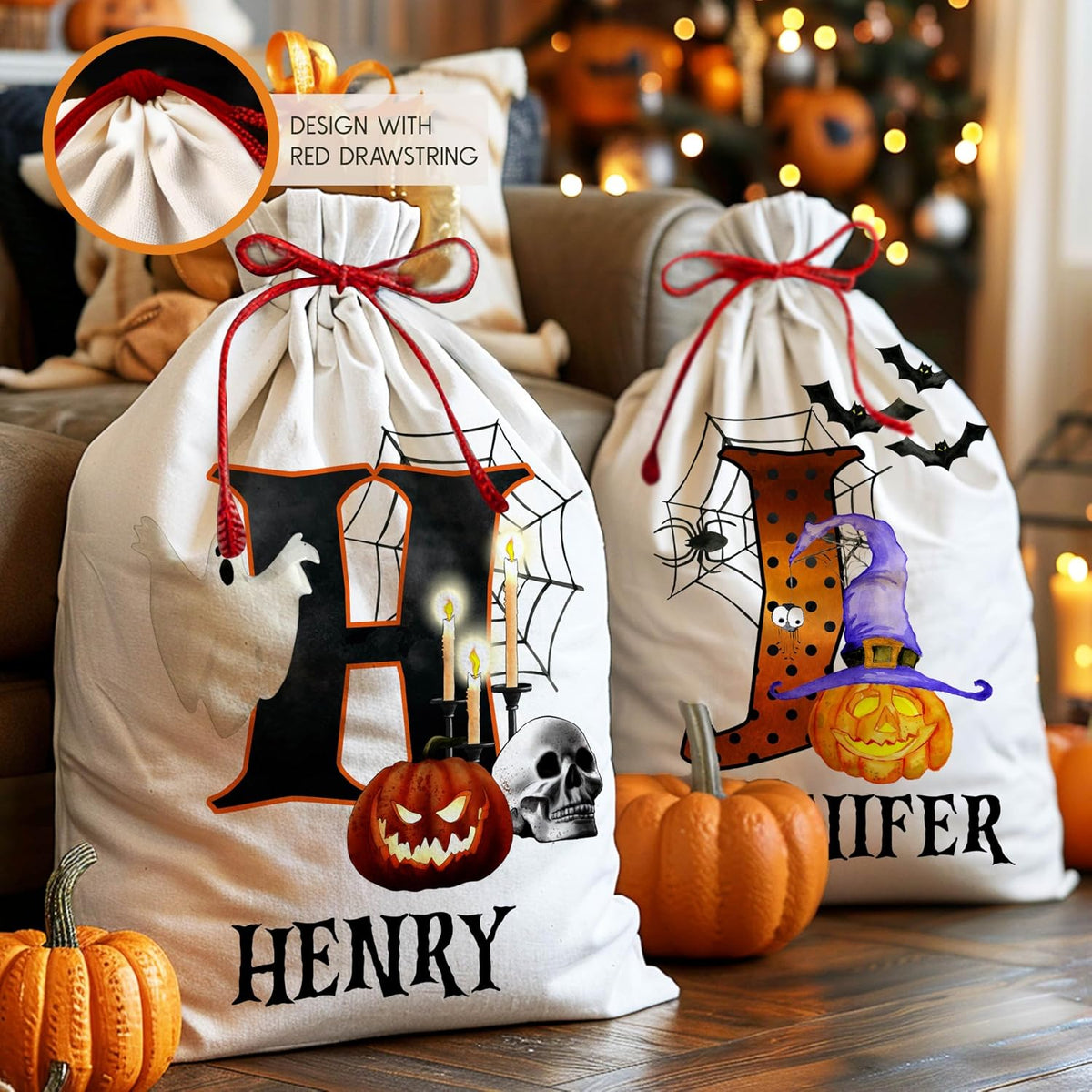 Customized Halloween Trick or Treat Candy Sack - Personalized Reusable Cotton Goodie Bag with Creepy & Funny Pumpkin Design - 16" X 24" Tote Sack - Gift for Halloween Parties