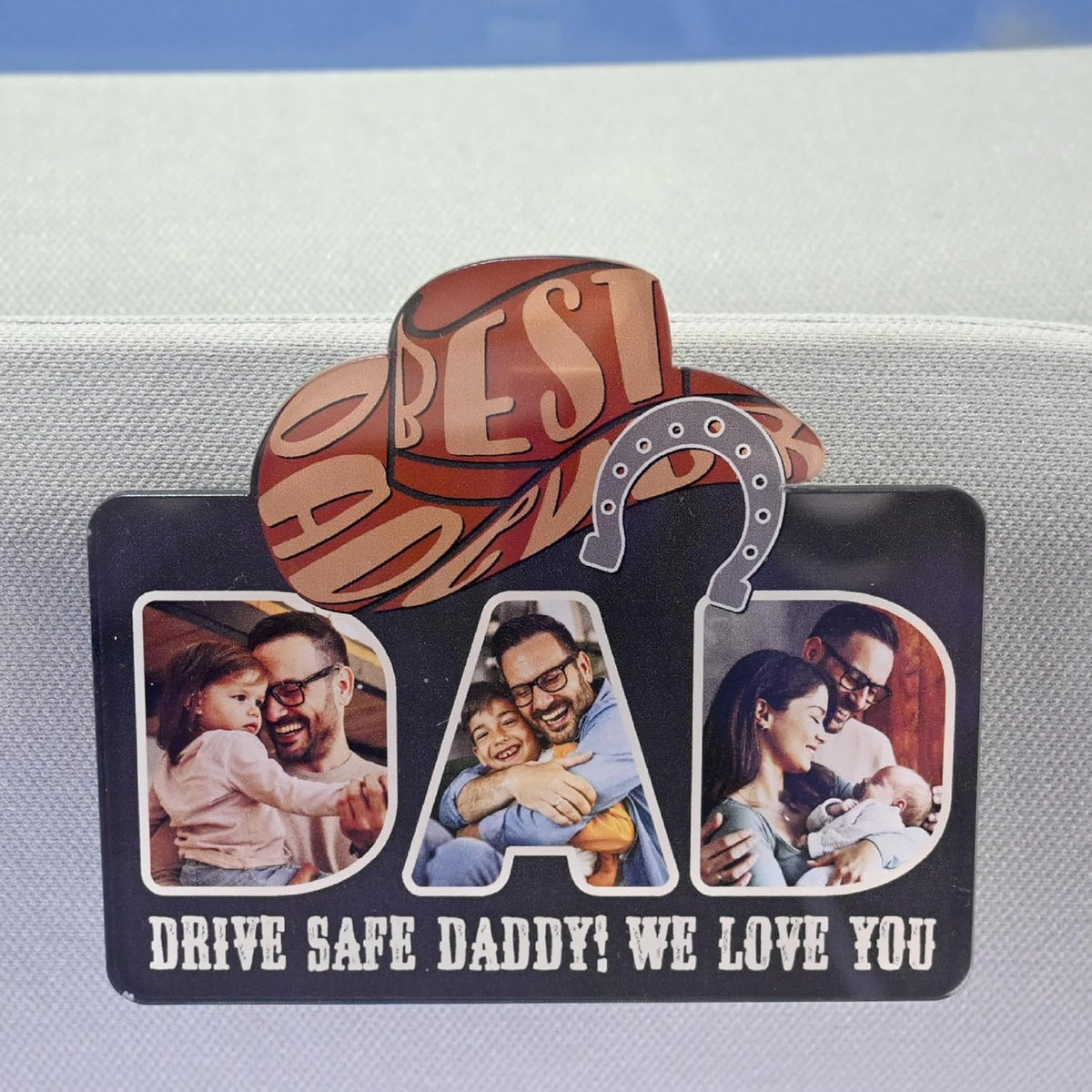 Personalized Cowboy Horseshoe Car Visor Clip – Custom Photo & Message Gift for Dad – Drive Safe Daddy – Cute Father’s Day Car Accessory from Kids – Best Dad Ever