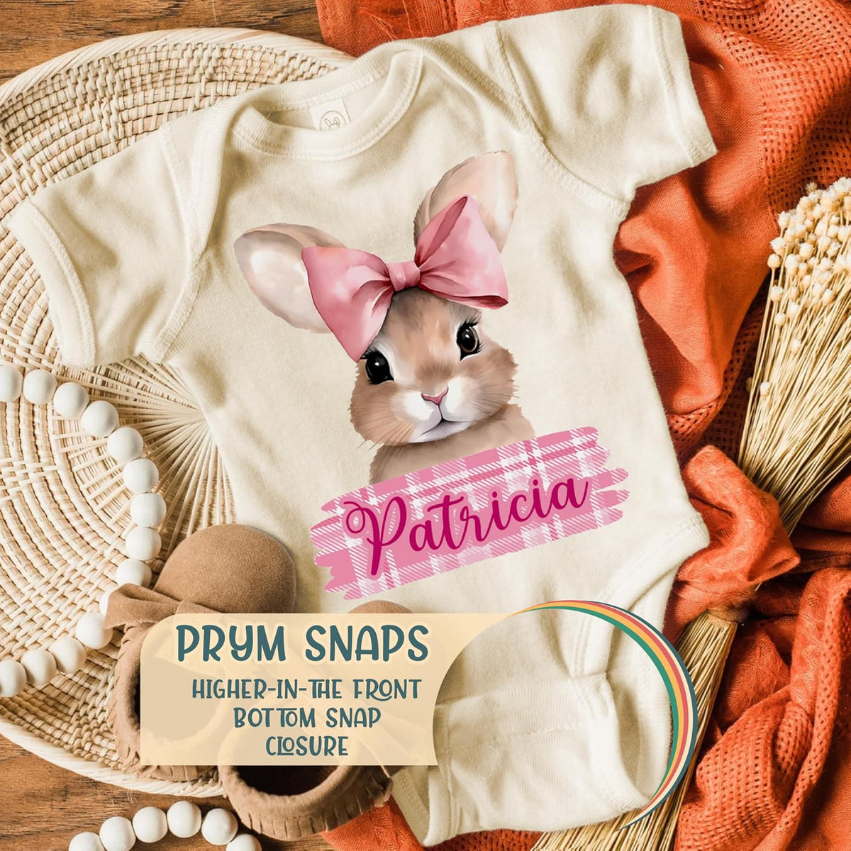 Personalized Easter Baby Bodysuit with Name, Custom Bunny Newborn Outfit
