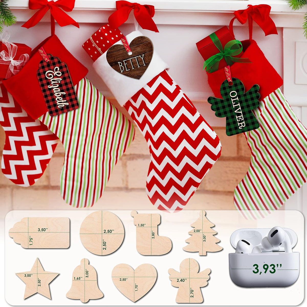 Personalized Christmas Name Tag w/Name - 4 Background & 8 Shapes - Customized Christmas Stocking Tags for Stocking - Round Wood Gift Tag for Xmas Decor - Custom Wooden Rectangular Nametag Gift Card C2