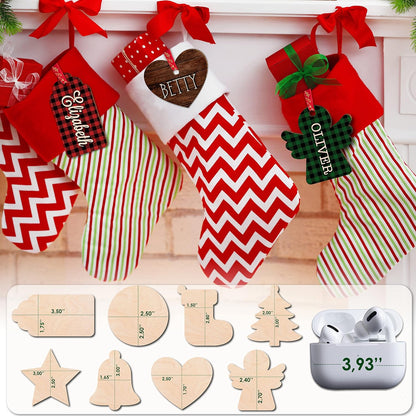 Personalized Christmas Name Tag w/Name - 4 Background & 8 Shapes - Customized Christmas Stocking Tags for Stocking - Round Wood Gift Tag for Xmas Decor - Custom Wooden Rectangular Nametag Gift Card C2
