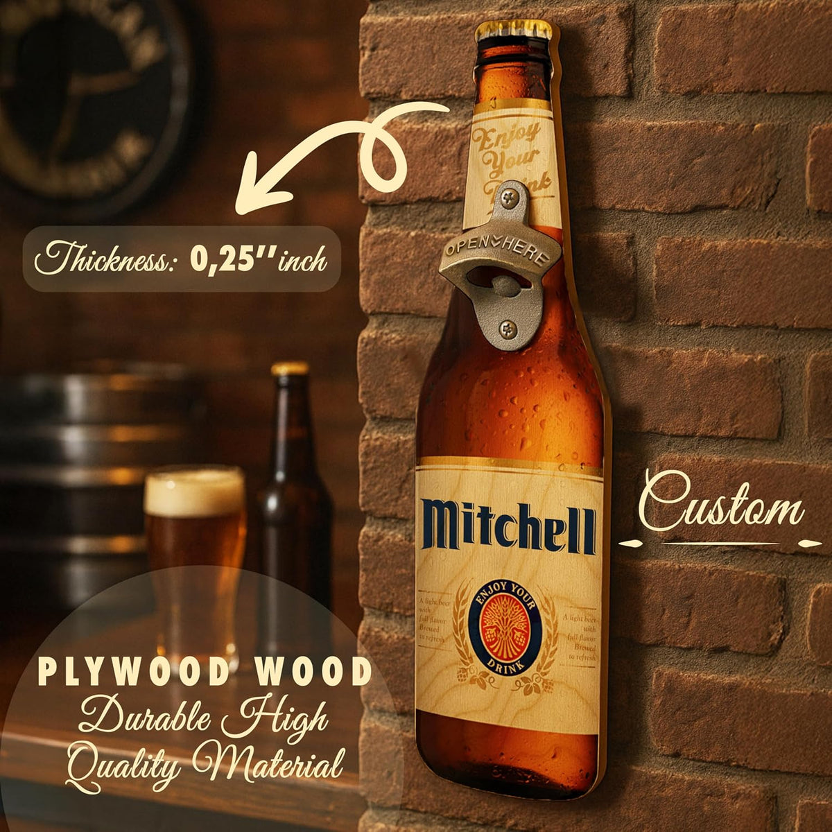 Personalized Wall Mounted Bottle Opener Beer Sign Gift for Dad – Custom Beer Shape Bar & Home Decor Accessory with Name – Unique Father’s Day, Christmas Gift for Him – Rustic Man Cave Decor