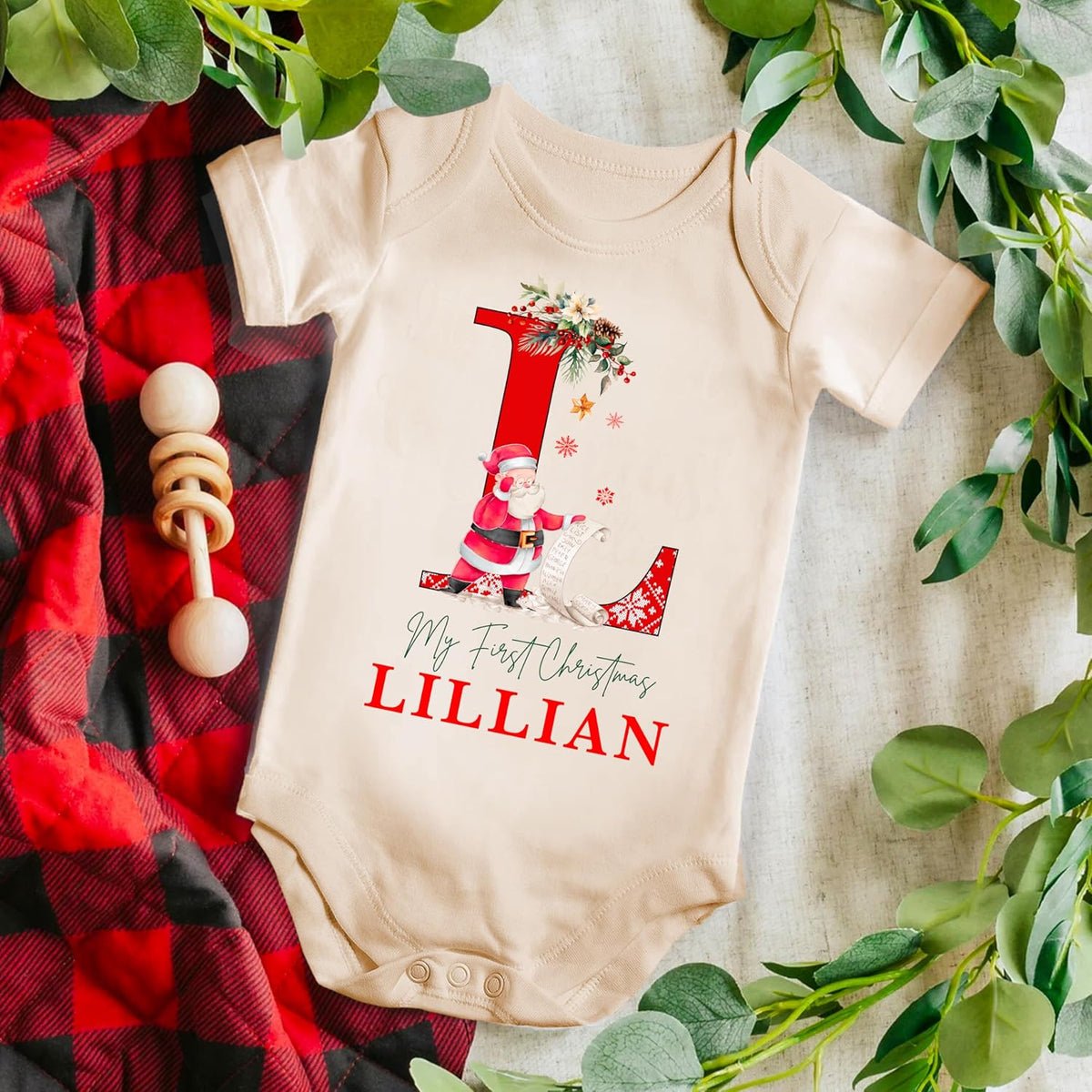 UNIQUE CUSTOM GIFTS Personalized Christmas Initial Santa Baby Onesie, Customized My Firsy Xmas Monogrammed Babys Bodysuit with Name
