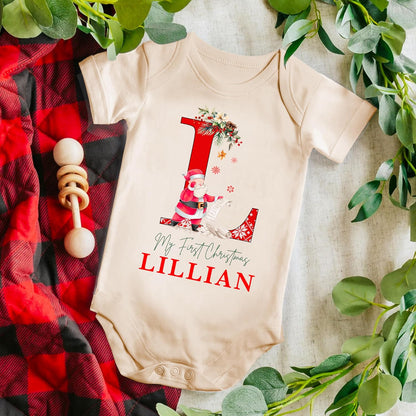 UNIQUE CUSTOM GIFTS Personalized Christmas Initial Santa Baby Onesie, Customized My Firsy Xmas Monogrammed Babys Bodysuit with Name