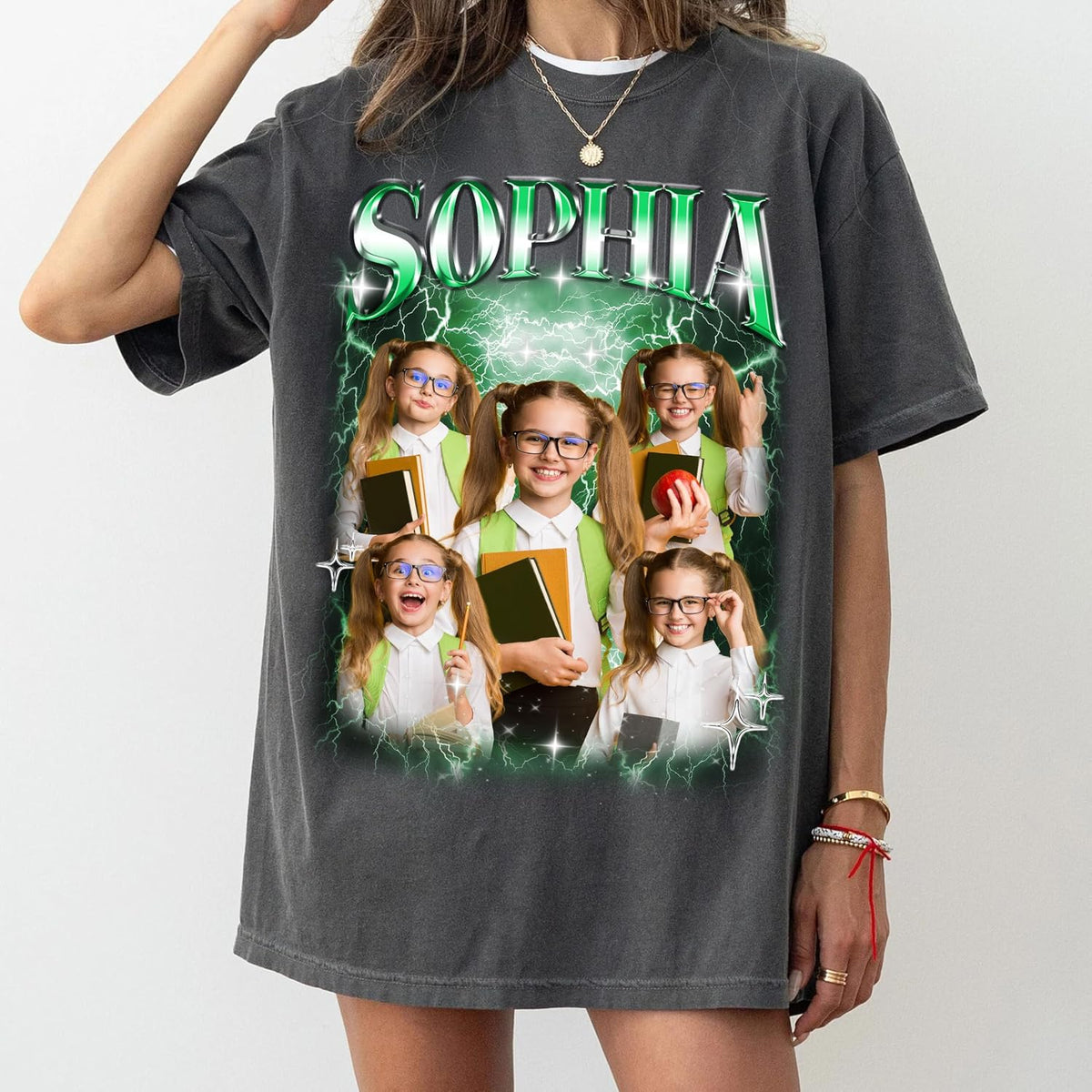 Personalized Bootleg Style Name T-Shirt with Custom Photo Collage – Funny Retro Graphic Tee with Your Name Text – Unique Gift for Birthday, Graduation, Teacher Appreciation or Everyday Style