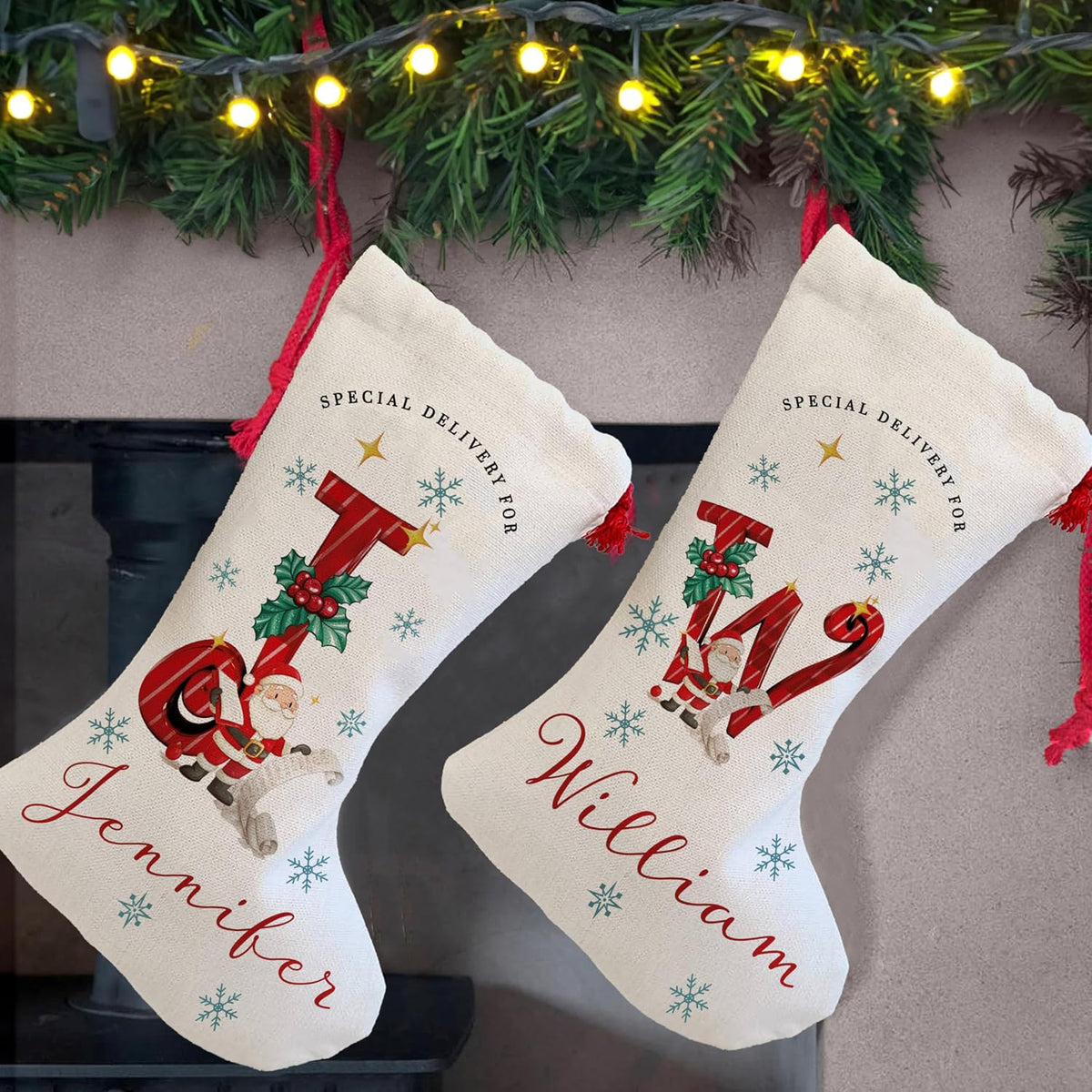 Custom White Christmas Stocking with Name & Initial - Personalize Holiday Stockings - Unique Christmas Decoration & Special Delivery Gift for Family, Friends, Mom, Dad & Loved Ones
