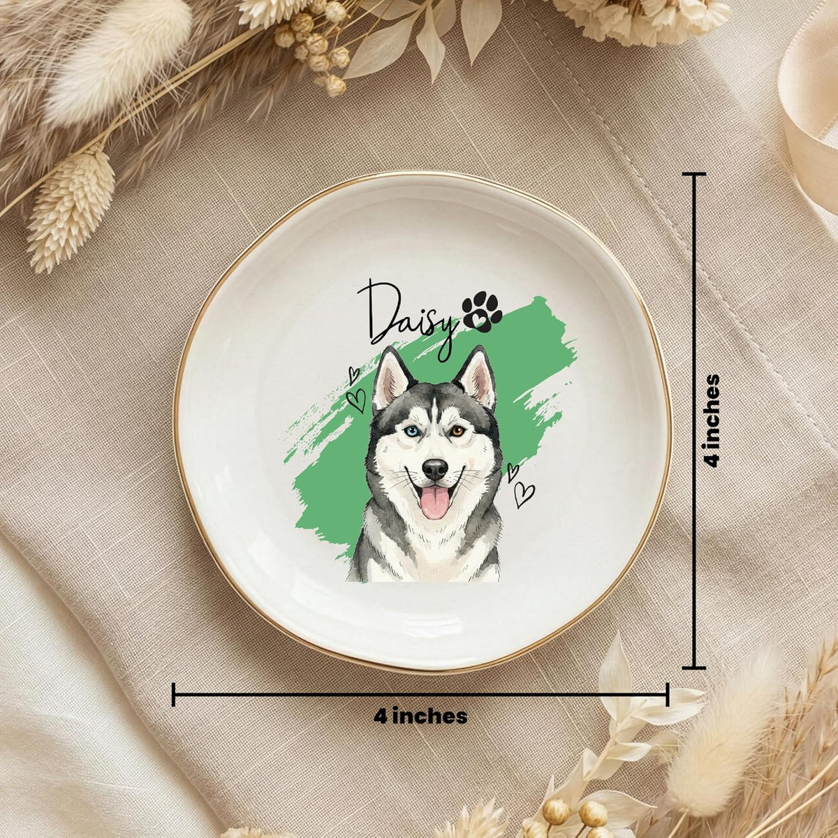 Personalized Pet Ring Dish Ceramic Jewelry Tray Trinket Dish, Custom Dog or Cat Watercolor Portrait with Name, Paw Print Hearts Design, Memorial Option, Valentine’s Day Gift for Dog Mom Cat Dad