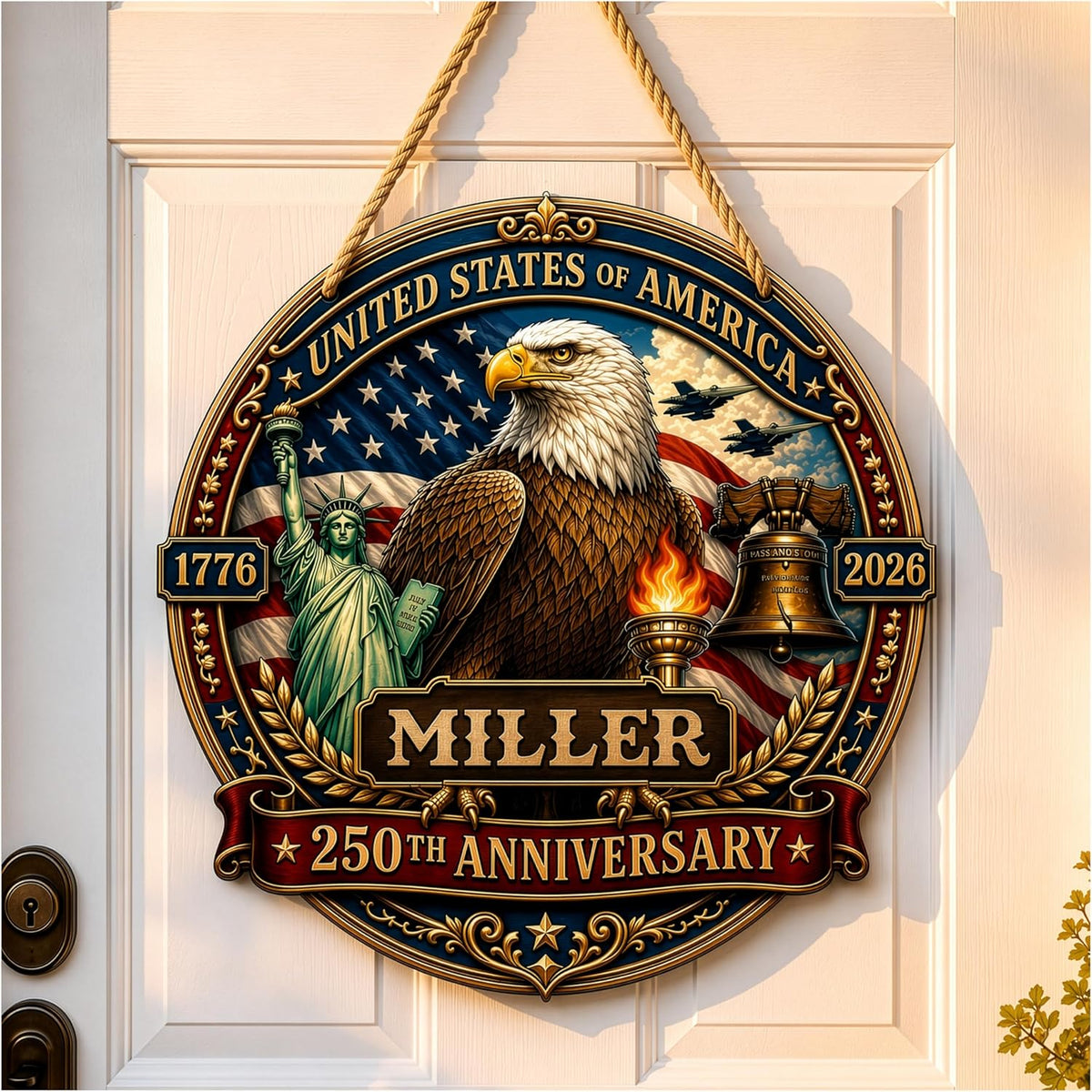 Personalized Eagle Patriotic Door Sign for Front Door, Custom Family Name America 250th Anniversary Wooden Door Hanger, USA 1776-2026 Independence Day 4th of July Wall Decor