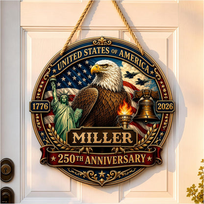 Personalized Eagle Patriotic Door Sign for Front Door, Custom Family Name America 250th Anniversary Wooden Door Hanger, USA 1776-2026 Independence Day 4th of July Wall Decor