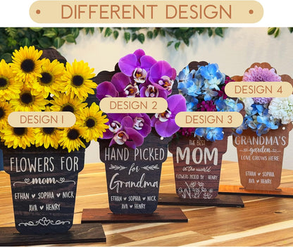 Zexpa Apparel Custom Wooden Flower Holder with Kids' or Grandkids' Names – Unique Gift for Mom, Grandma, Nana – Personalized Name Display Stand for Mother’s Day, Birthday or Home Décor