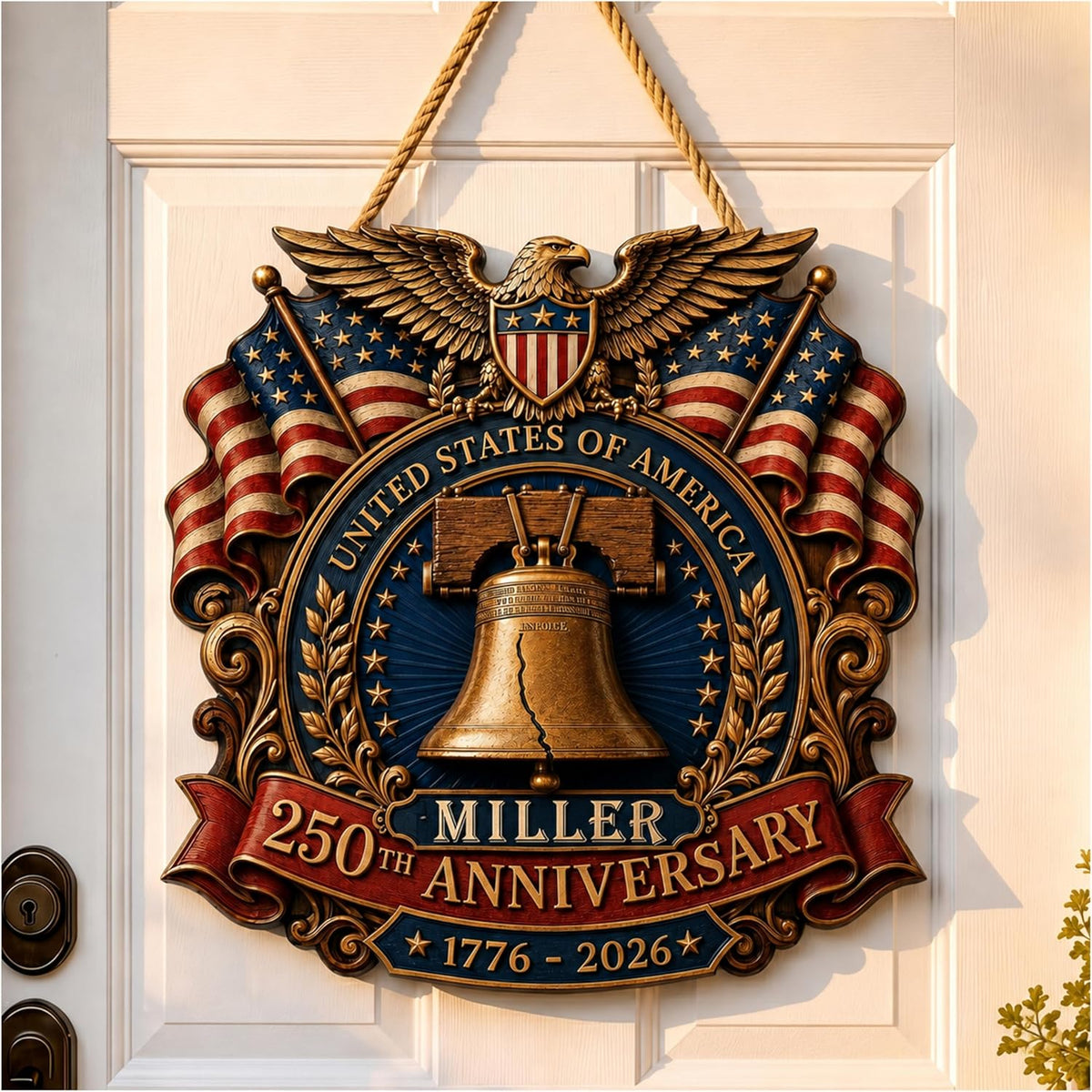 Personalized Eagle Patriotic Door Sign for Front Door, Custom Family Name America 250th Anniversary Wooden Door Hanger, USA 1776-2026 Independence Day 4th of July Wall Decor