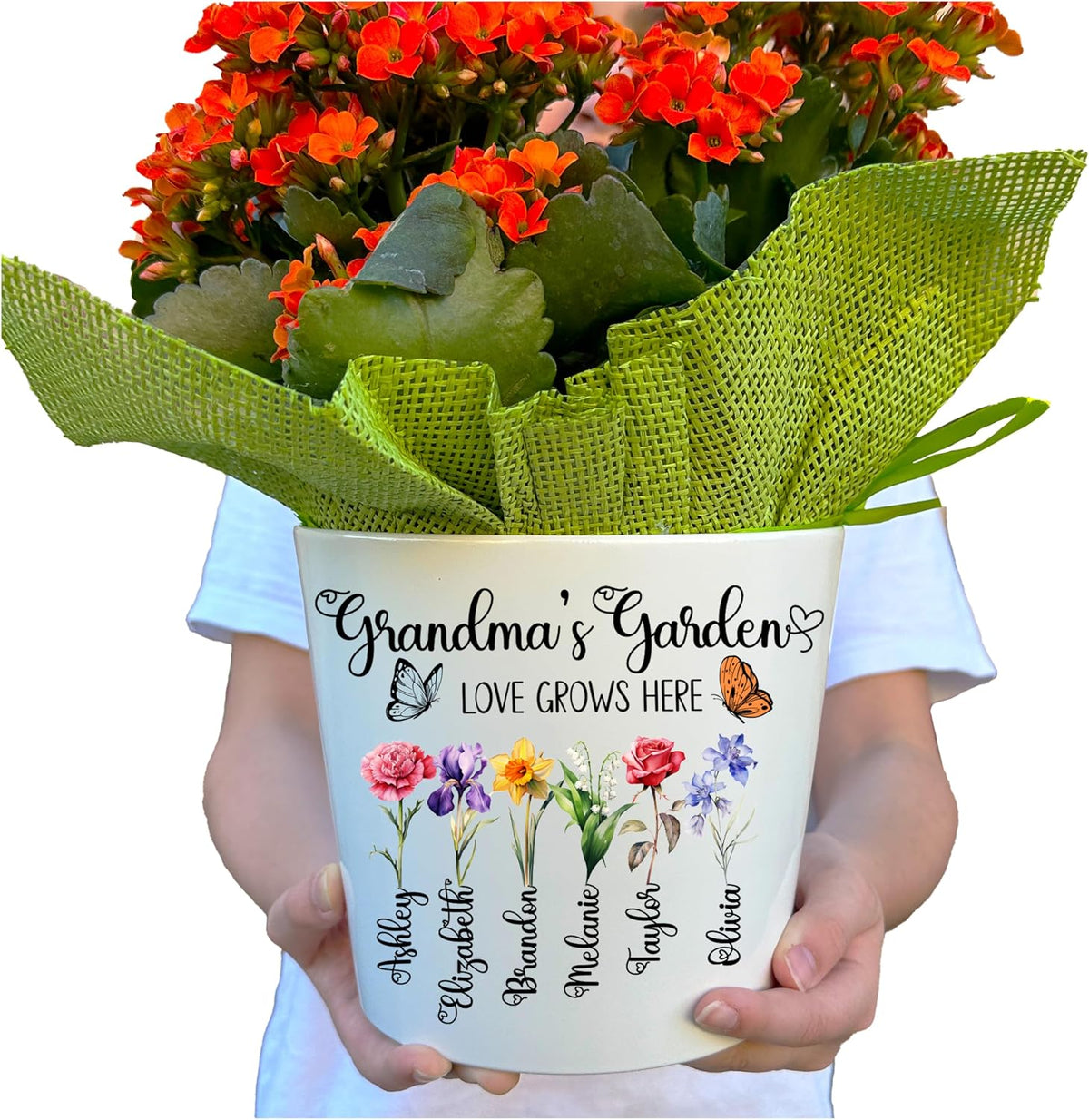 Zexpa Apparel Personalized Flower Pot for Grandma, Mom or Nana, Custom Birth Month Flower Planter with Names, Unique, Mother’s Day, Birthday or Holiday Present, Ceramic Pot