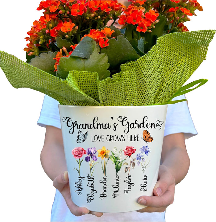 Personalized Flower Pot for Grandma, Mom or Nana, Custom Birth Month Flower Planter with Names, Unique, Mother’s Day, Birthday or Holiday Present, Ceramic Pot