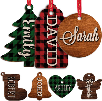 Personalized Christmas Name Tag w/Name - 4 Background & 8 Shapes - Customized Christmas Stocking Tags for Stocking - Round Wood Gift Tag for Xmas Decor - Custom Wooden Rectangular Nametag Gift Card C2