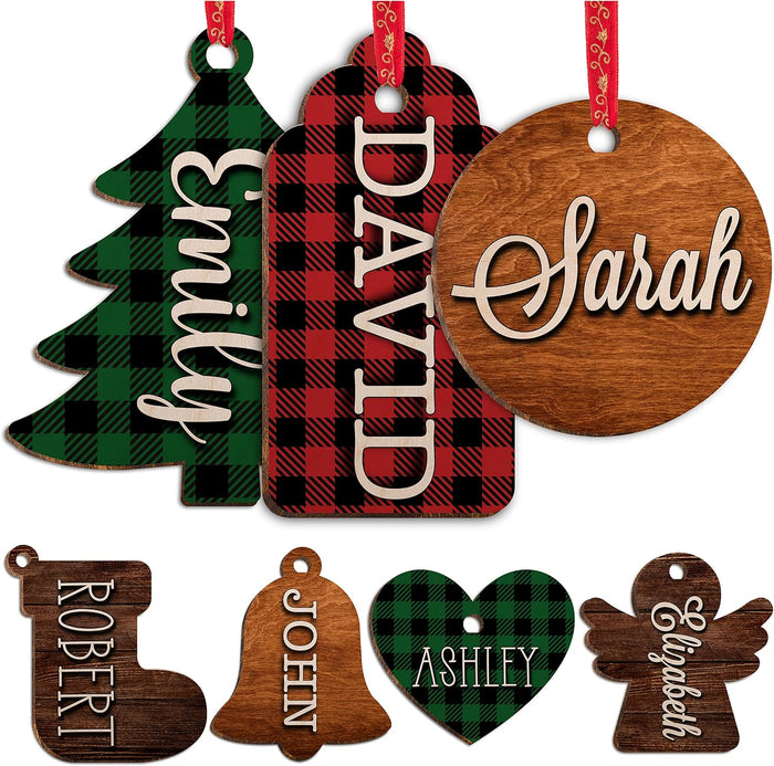 Personalized Christmas Name Tag w/Name - 4 Background & 8 Shapes - Customized Christmas Stocking Tags for Stocking - Round Wood Gift Tag for Xmas Decor - Custom Wooden Rectangular Nametag Gift Card C2