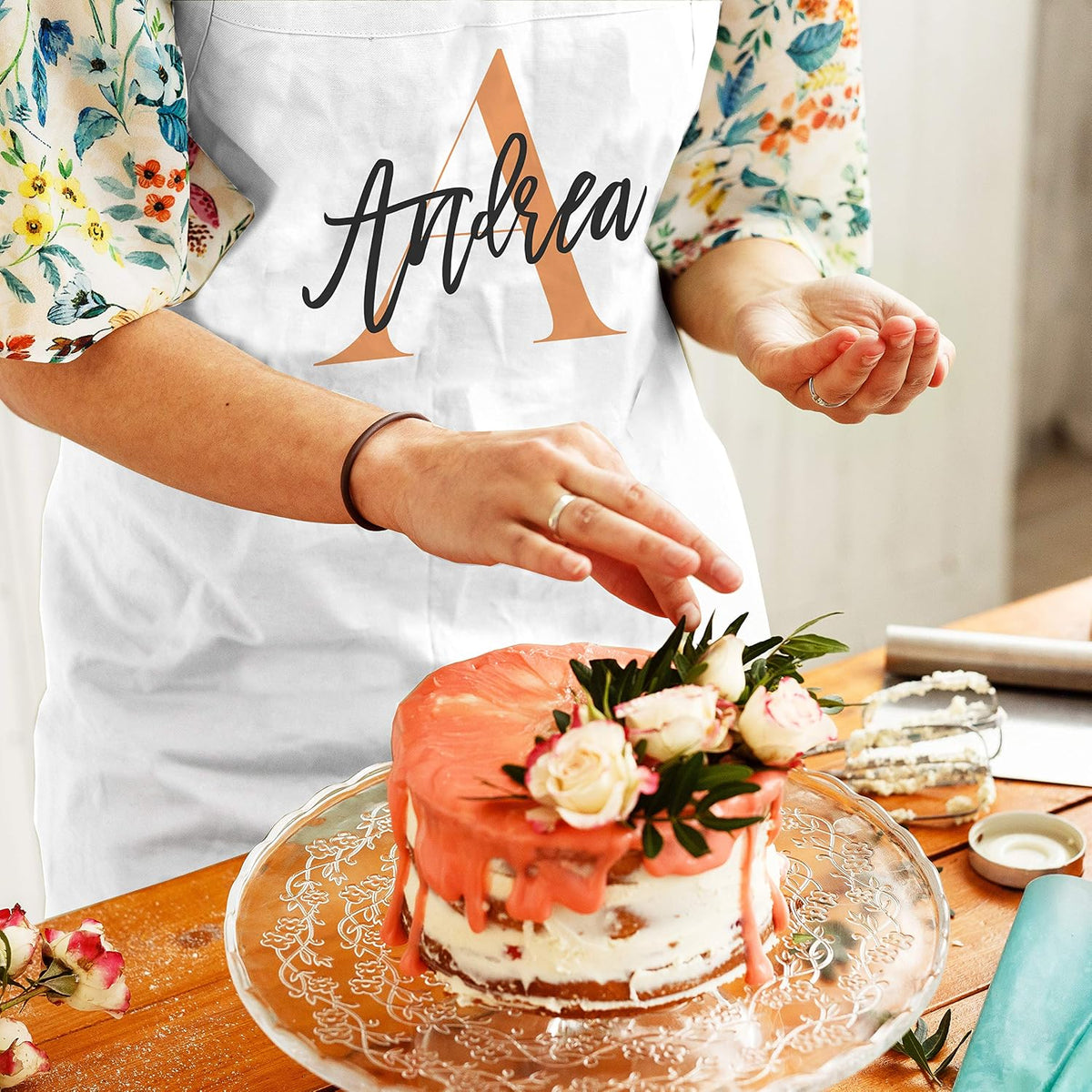Personalized Initial Apron with Name, Custom Kitchen Cooking Gift for Women