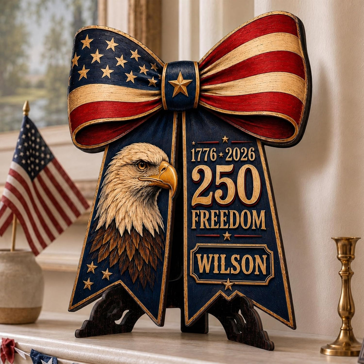 Personalized Eagle Patriotic Door Sign for Front Door, Custom Family Name America 250th Anniversary Wooden Door Hanger, USA 1776-2026 Independence Day 4th of July Wall Decor