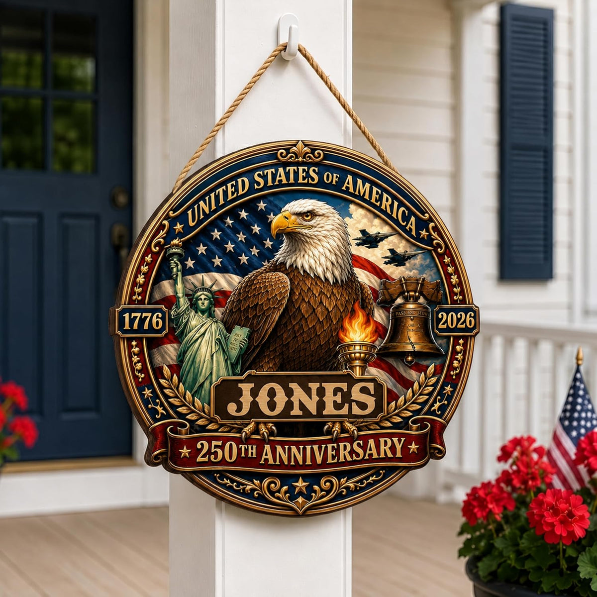 Personalized Eagle Patriotic Door Sign for Front Door, Custom Family Name America 250th Anniversary Wooden Door Hanger, USA 1776-2026 Independence Day 4th of July Wall Decor