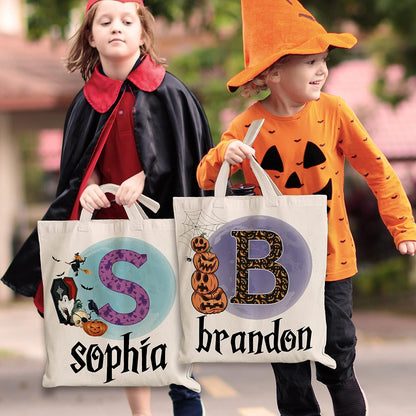 Personalized Halloween Canvas Tote - Custom Name & Initials Trick or Treat Bag with Pumpkin, Skeleton - Reusable 15x16" Gift Bag for Halloween Parties & Everyday Use 6 Designs