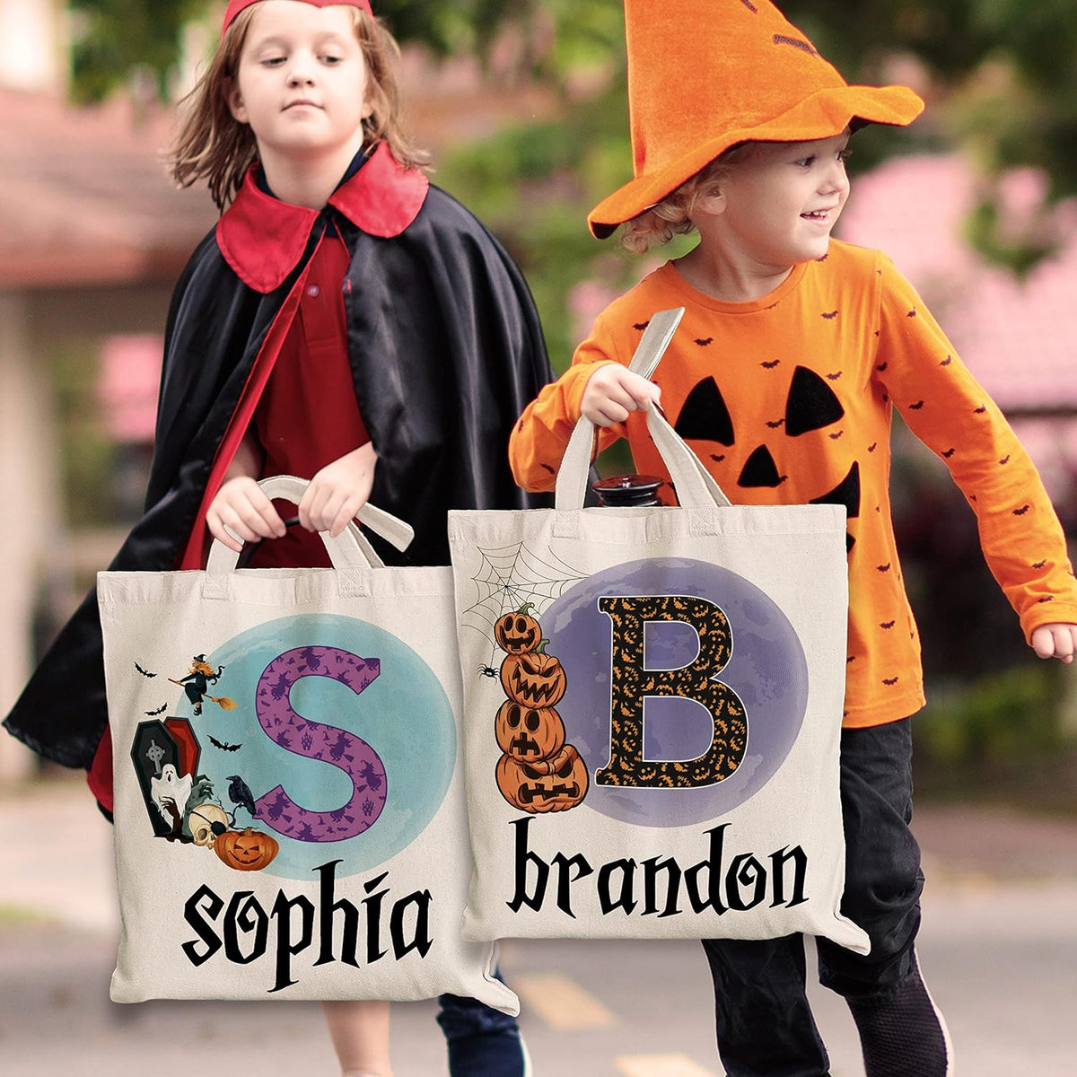 Custom Halloween Tote Bags w/Name - 6 Design - 15"x16" - Personalized Halloween Initial Moon Haunted Castle Pumpkin Ghost Skull Black Cat Gnome Skeleton Totes Bags - Custom Large Goodie Bag Gift C1