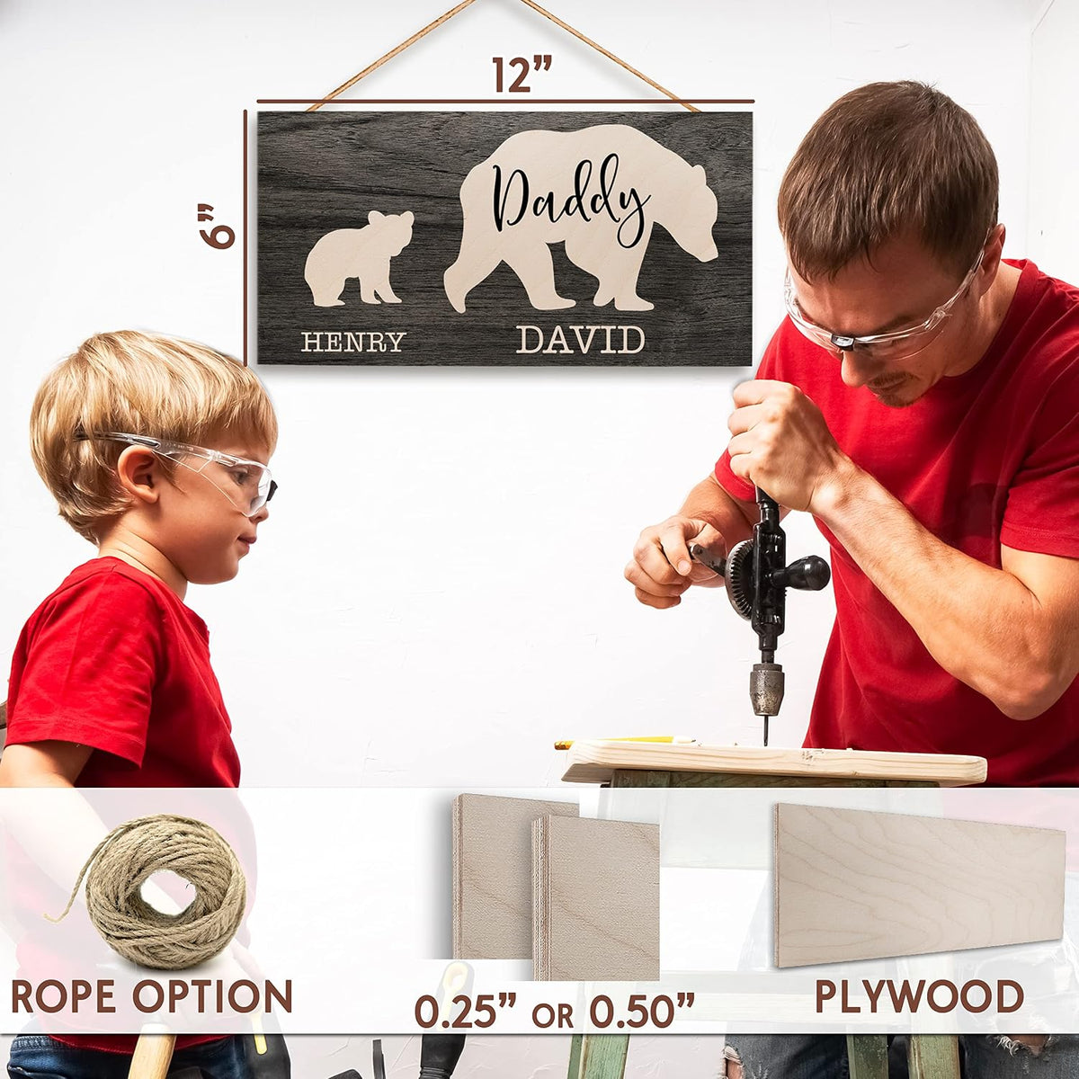 Personalized Fathers Day Papa Bear & Cubs Wood Signs w/Names - 6 Design 5 Wood Color - Customized Fishing Wooden Plaque - Custom Dad Gifts From Daughter, Son - Daddy, Grandpa Birthday Gifts C1