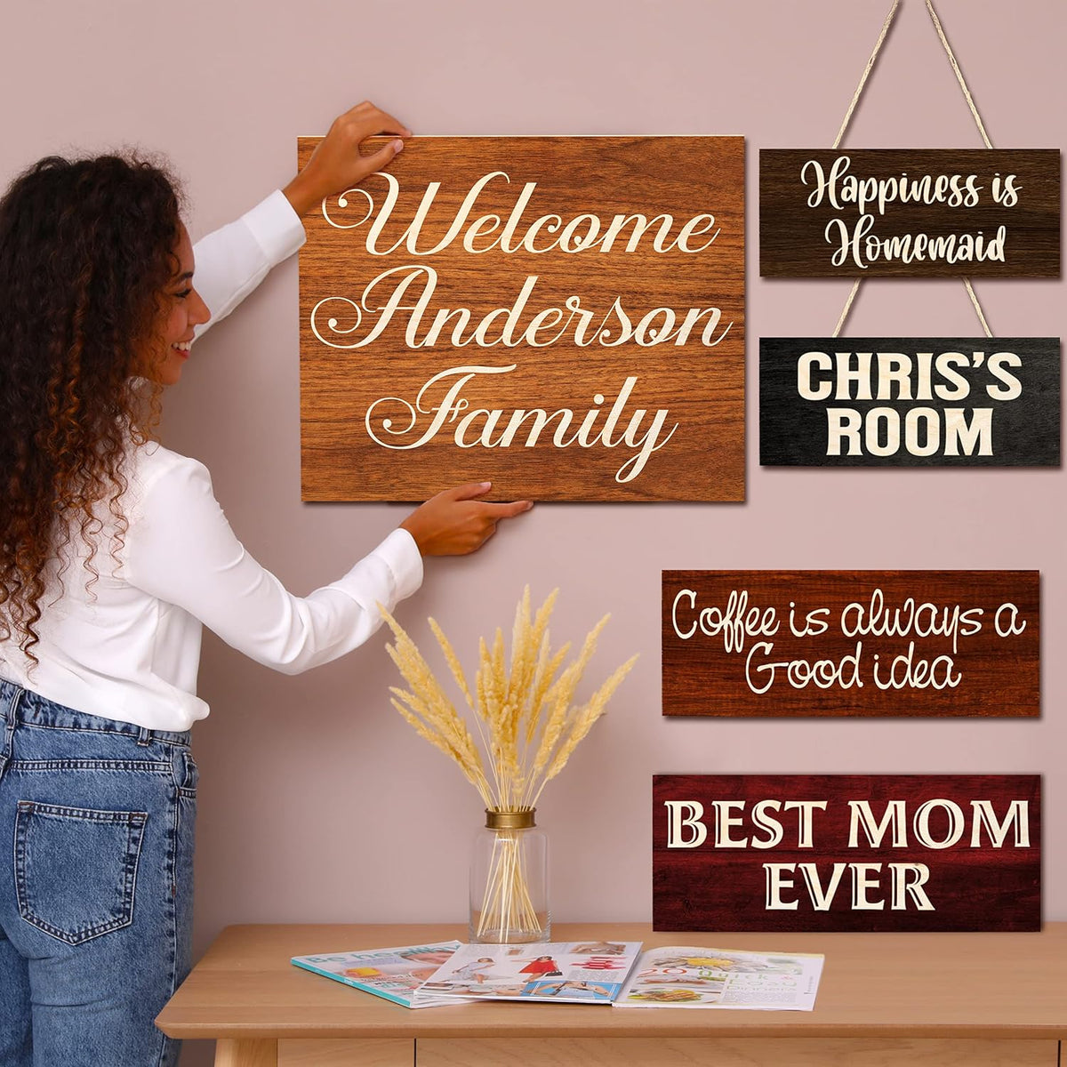 Personalized Wood Signs for Home Decor Gifts - Customizable w/ 10 Font & 5 Color Options - Customized Rustic Wooden Plaque for Wall Decoration - Decorative Sign/Board for Kitchen or Farmhouse Gift C2