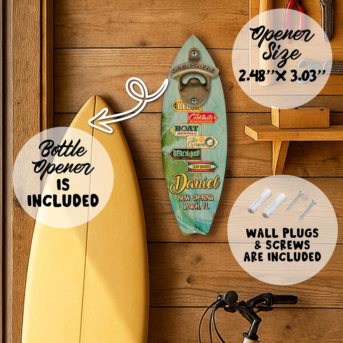 Personalized Wooden Surfboard Bottle Opener Wall Mount with Name & Beach – Custom Retro Bar Decor for Beach House, Summer Party, Housewarming, Father's Day Gift, Man Cave, Cabin or Outdoor Patio