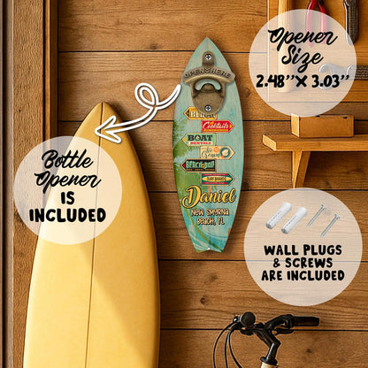 Personalized Wooden Surfboard Bottle Opener Wall Mount with Name & Beach – Custom Retro Bar Decor for Beach House, Summer Party, Housewarming, Father's Day Gift, Man Cave, Cabin or Outdoor Patio