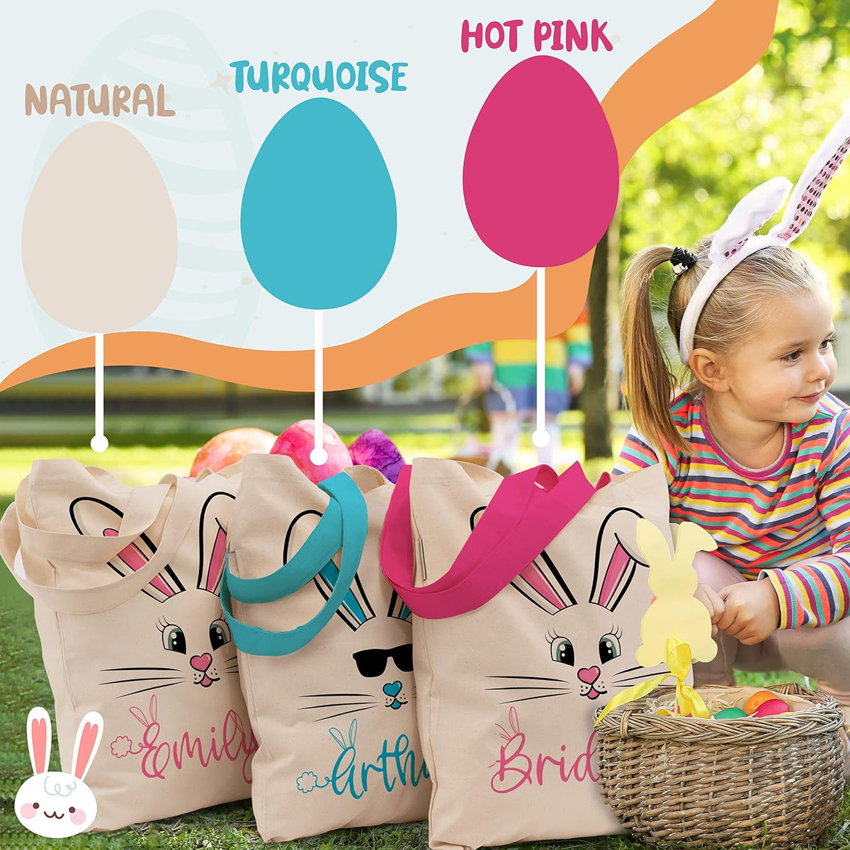 Personalized Easter Bunny Tote Bag with Name, Custom Egg Hunt Gift