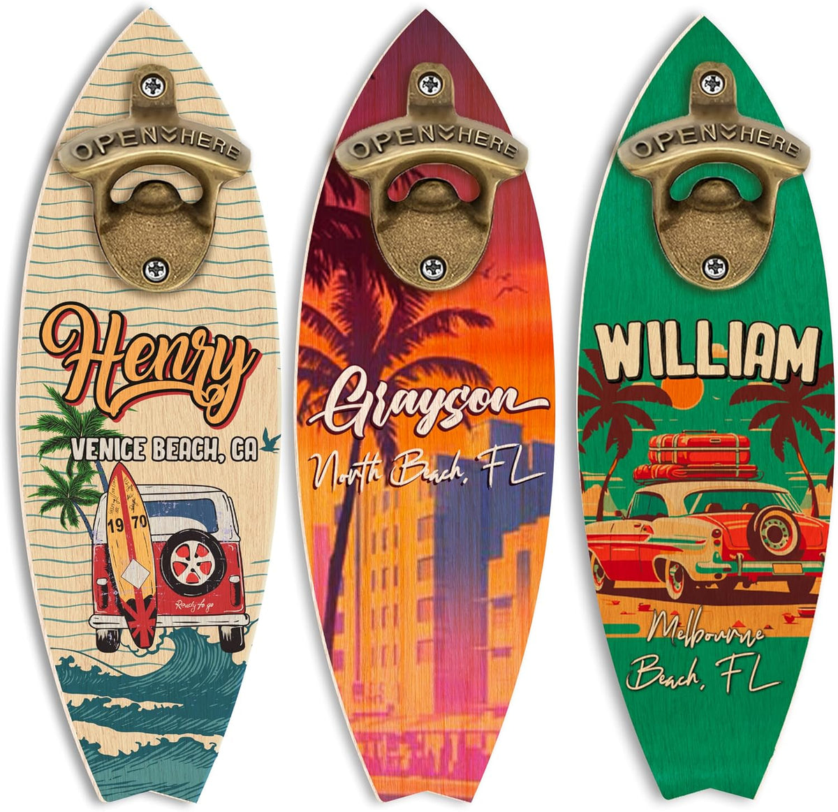 Personalized Wooden Surfboard Bottle Opener Wall Mount with Name & Beach – Custom Retro Bar Decor for Beach House, Summer Party, Housewarming, Father's Day Gift, Man Cave, Cabin or Outdoor Patio