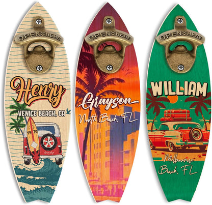 Personalized Wooden Surfboard Bottle Opener Wall Mount with Name & Beach – Custom Retro Bar Decor for Beach House, Summer Party, Housewarming, Father's Day Gift, Man Cave, Cabin or Outdoor Patio