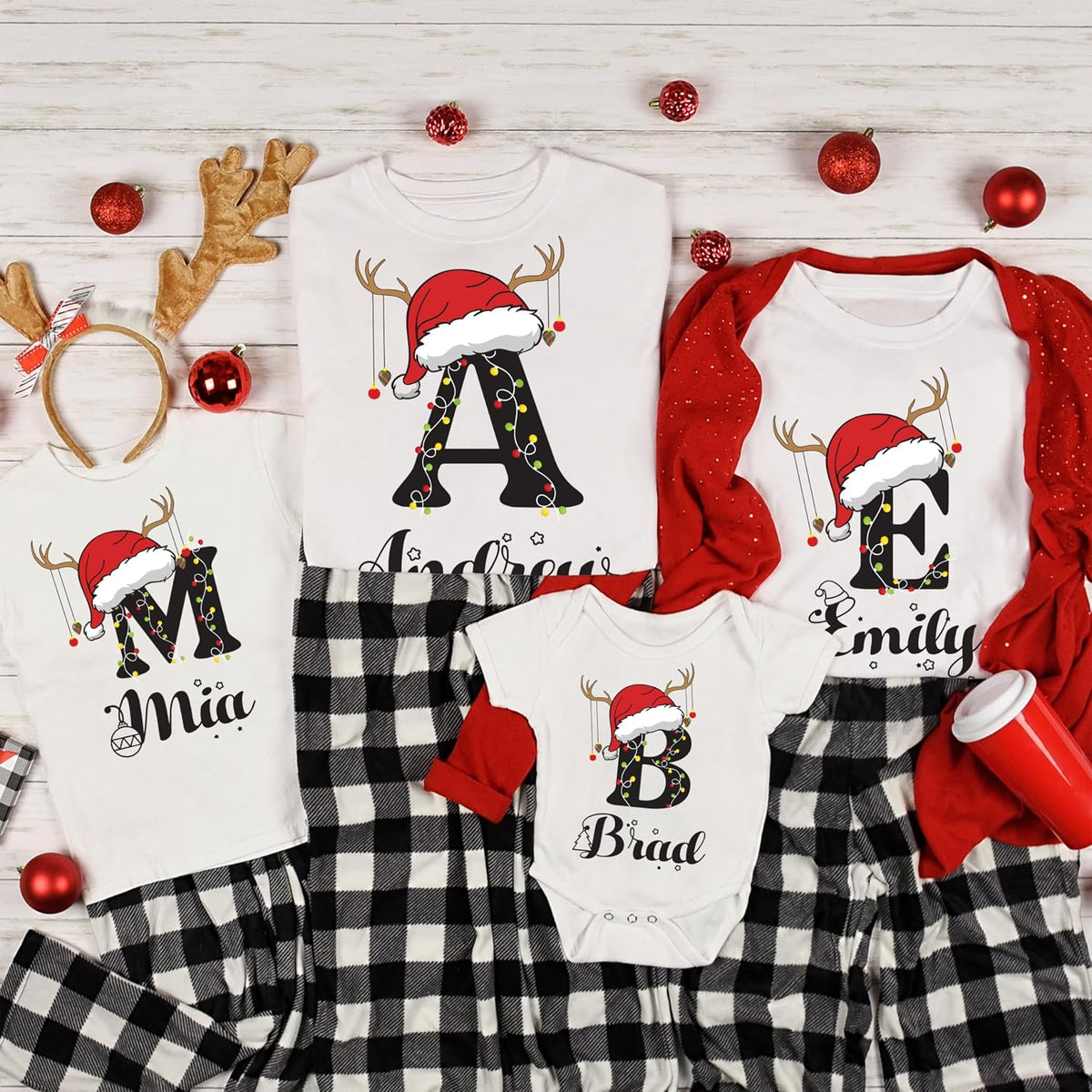 Personalized Initial Christmas Matching Set T-Shirt for Family, Customized Monogrammed Holiday Xmas Outfit for Gift White