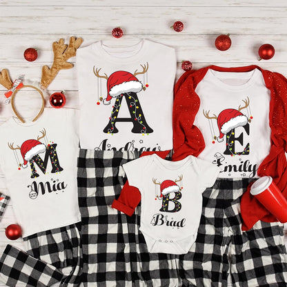 Personalized Initial Christmas Matching Set T-Shirt for Family, Customized Monogrammed Holiday Xmas Outfit for Gift White