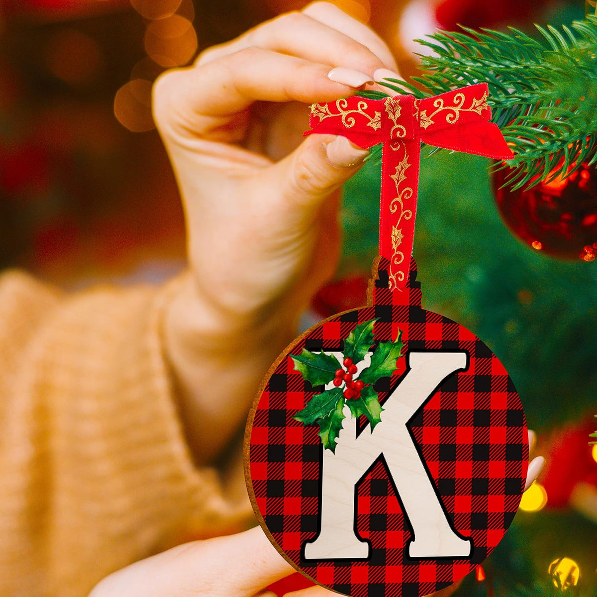 People Christmas Initial Ornaments for Tree - Monogrammed Christma Wood Ornament Decor Noel Wooden Gifts Housewarming Pattern Decorative Xmas #M, Black