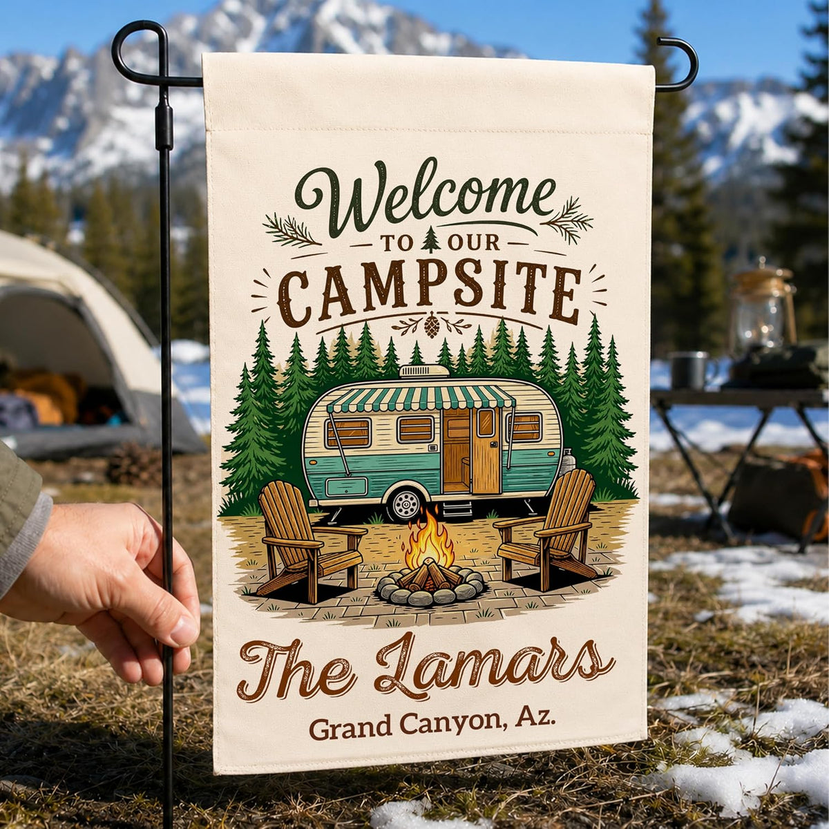Personalized Camping Garden Flag 13x18 Inch Double Sided, Custom Family Name Welcome to Our Campsite Yard Flag