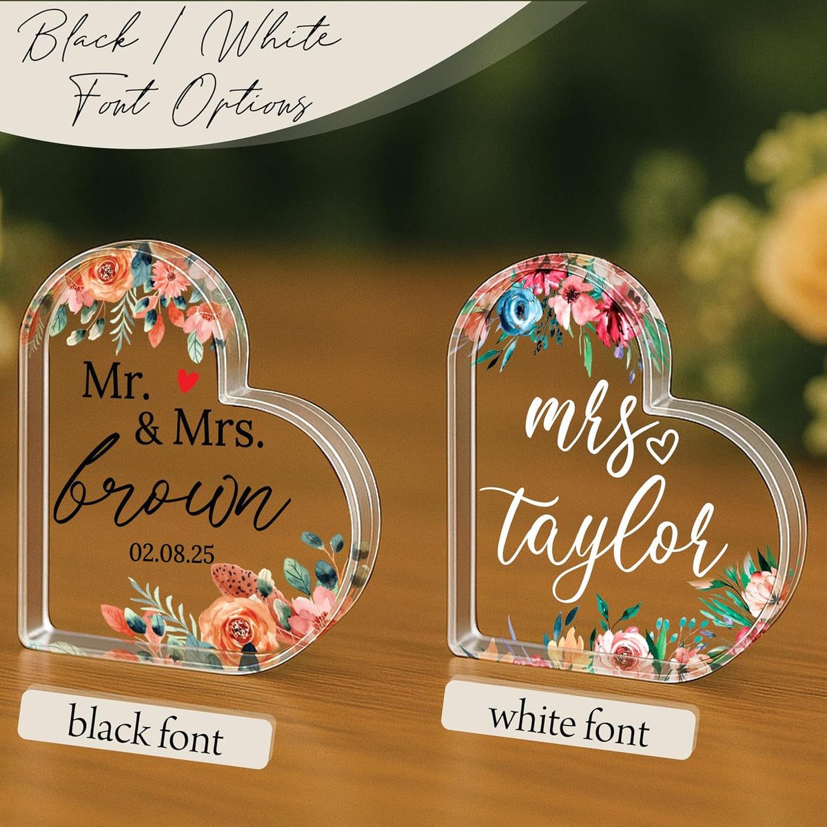 Personalized Heart Acrylic Block with Names and Date, Custom Couple Gift