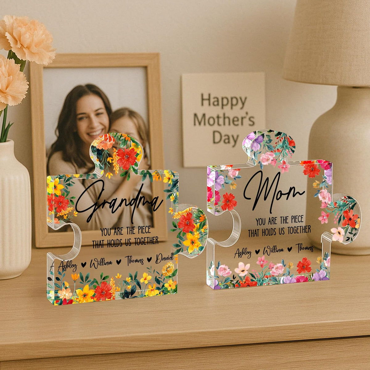 Personalized Acrylic Plaque Gift for Mom Grandma Nana - Custom Floral Name Keepsake for Mother’s Day, Birthday, Christmas - Clear Puzzle Block Home Table Decorative from Family