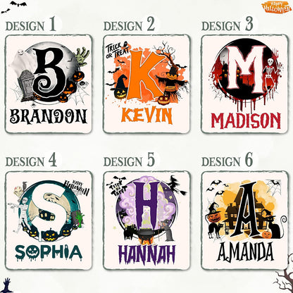 Personalized Halloween Canvas Tote Bags - Custom Name & Initials Trick or Treat Bag with Pumpkin, Skeleton, Ghost & Castle - Reusable 15x16" Gift Bag for Halloween