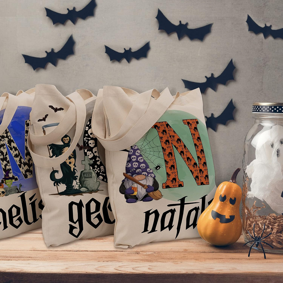 Custom Halloween Tote Bags w/Name - 6 Design - 15"x16" - Personalized Halloween Initial Moon Haunted Castle Pumpkin Ghost Skull Black Cat Gnome Skeleton Totes Bags - Custom Large Goodie Bag Gift C1